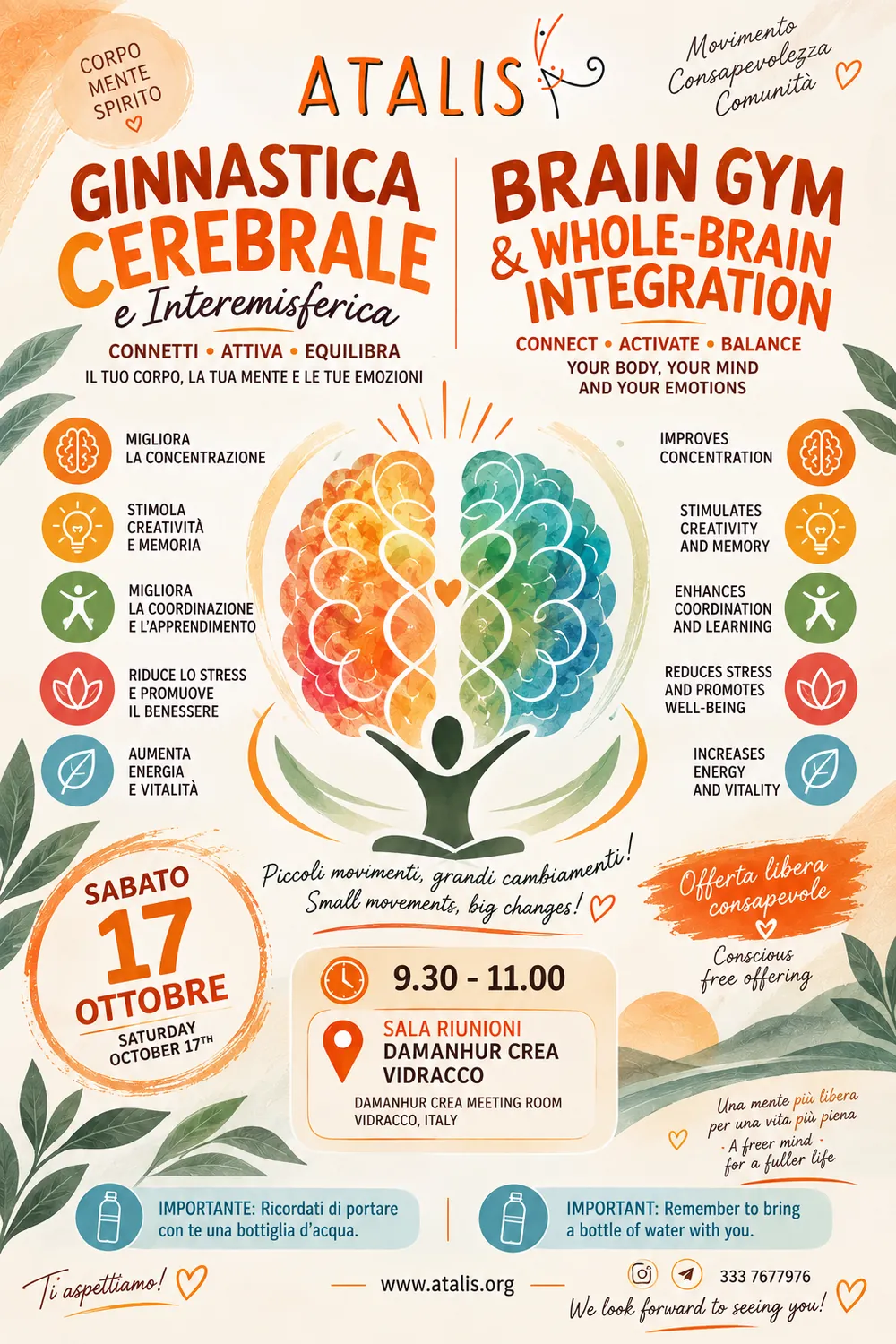 Locandina Ginnastica cerebrale e interemisferica – Brain Gym, sabato 17 ottobre 2026, 9.30–11.00, Sala Riunioni Damanhur Crea, Vidracco