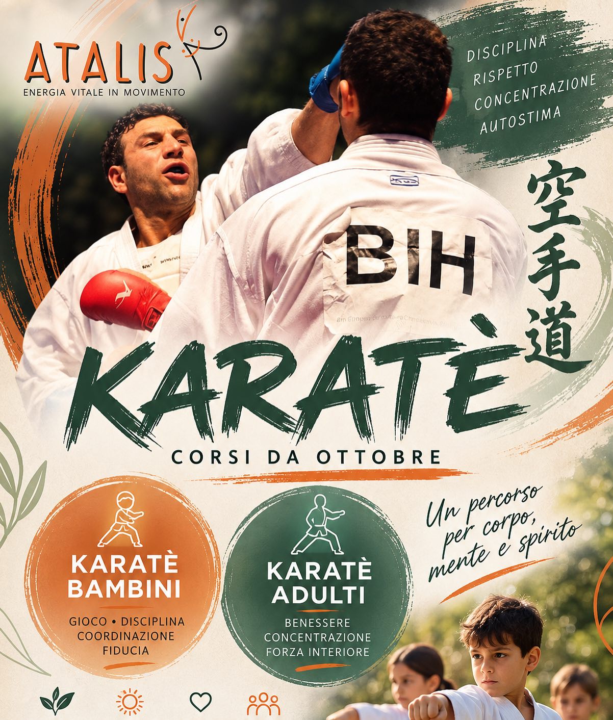 Locandina dei corsi di karate di Atalis da ottobre: karate bambini e karate adulti